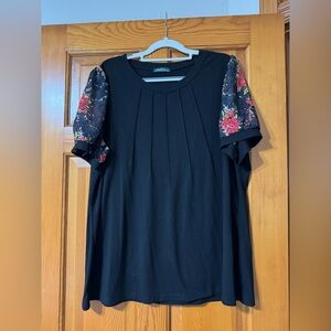 Chic Black Blouse with Floral Sleeves